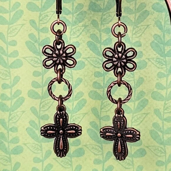 CROSS Daisy Flower Copper Brass Lever Back Earrings Southwestern Westernwear - Picture 7 of 10